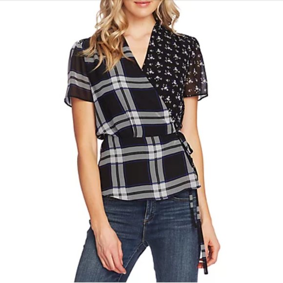 Vince Camuto Plaid Floral Mix Print Wrap Blouse Light Weight Flowy Size L - Picture 1 of 7